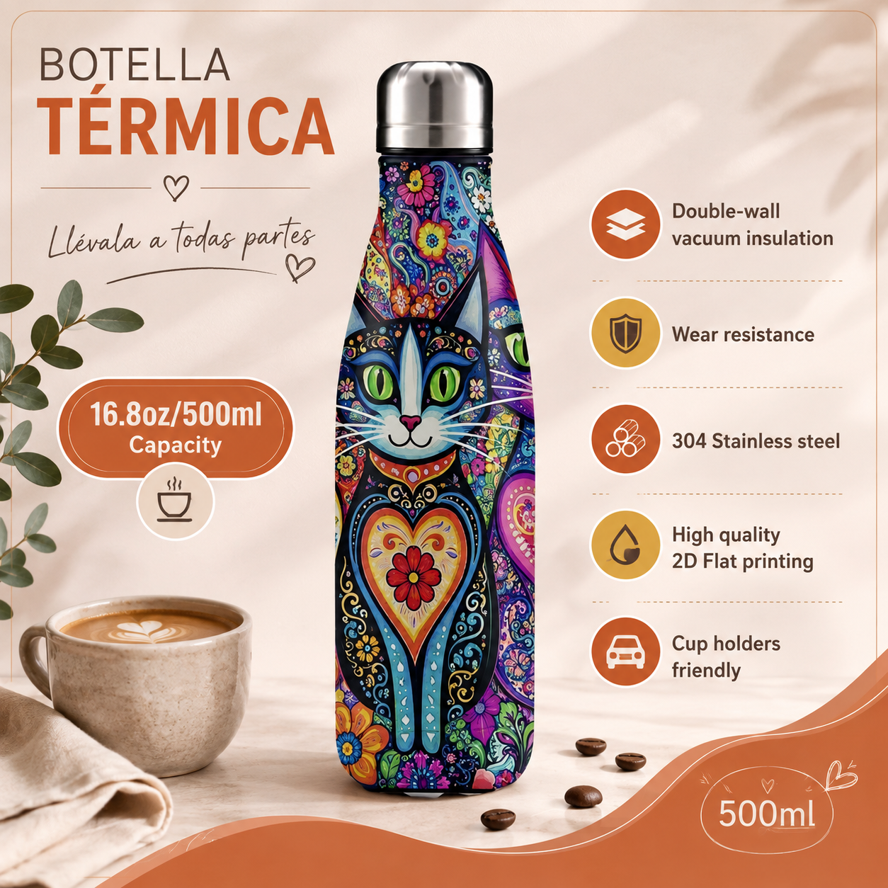 Botella térmica de acero inoxidable 500 ml | Diseños de gatos - Imagen 2