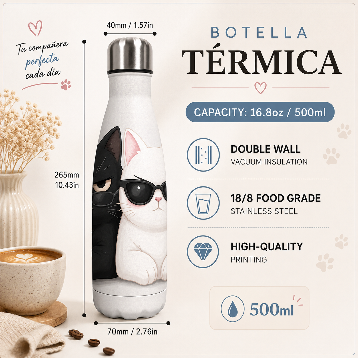 Botella térmica de acero inoxidable 500 ml | Diseños de gatos - Imagen 3