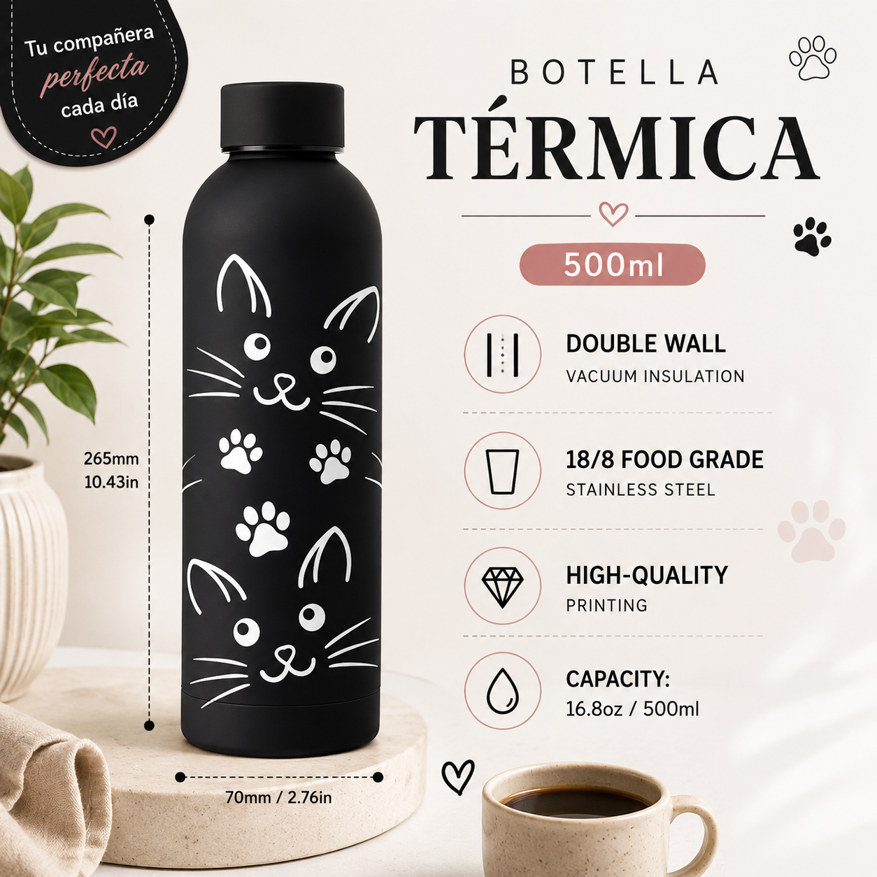 Botella térmica de acero inoxidable 500 ml | Diseños de gatos - Imagen 4