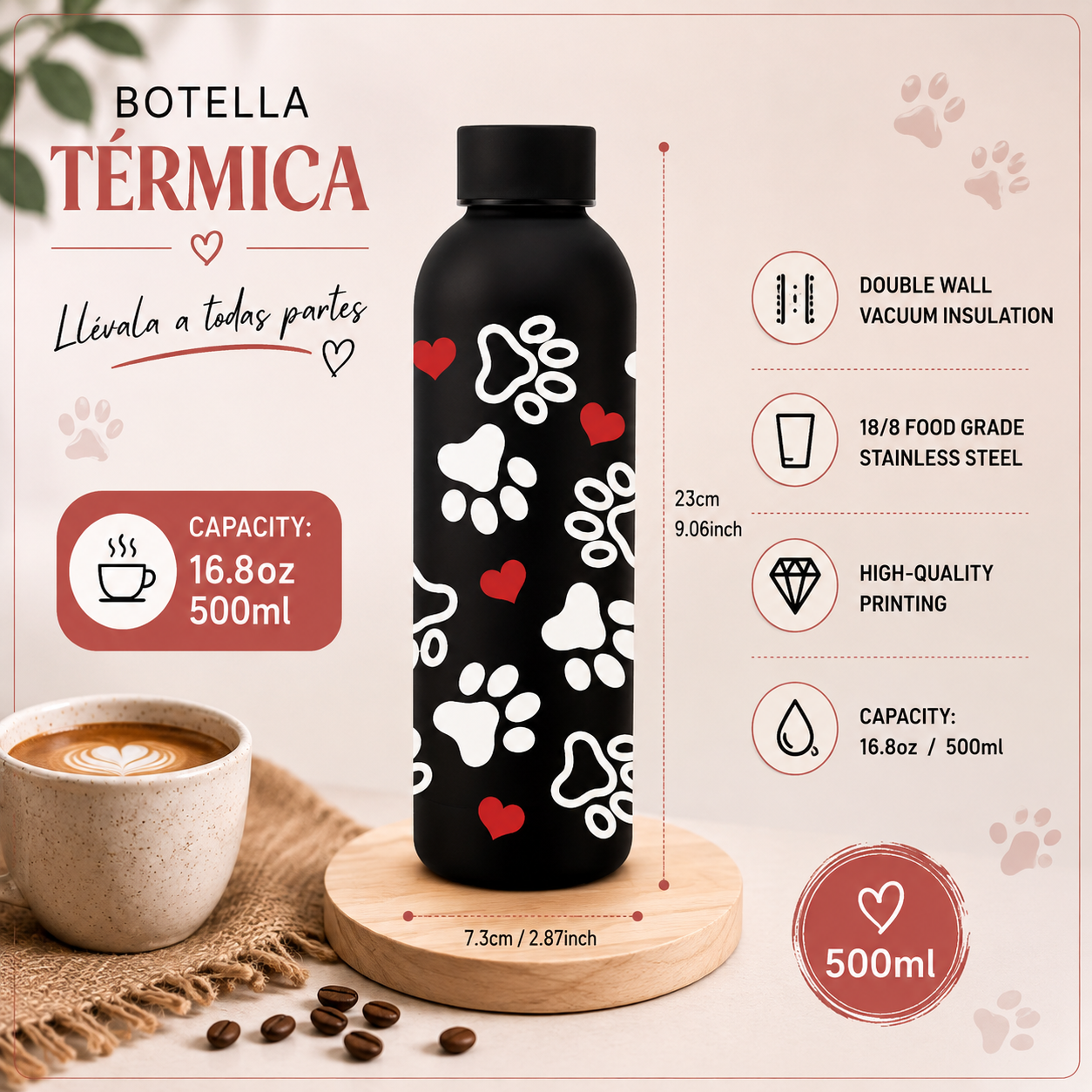 Botella térmica de acero inoxidable 500 ml | Diseños de gatos - Imagen 5