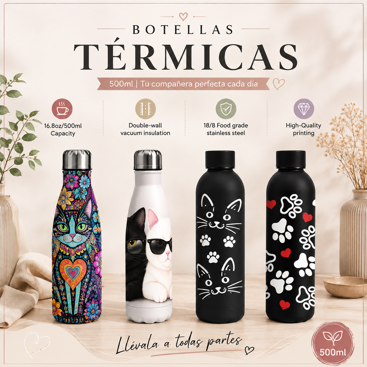 Botella térmica de acero inoxidable 500 ml | Diseños de gatos