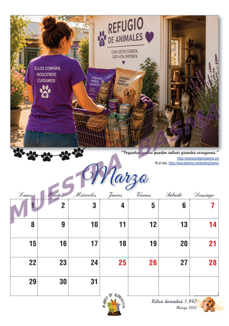 Calendario Solidario BASMA 2027 – Navidad para más de 6.000 animales sin hogar sin hogar - Imagen 5