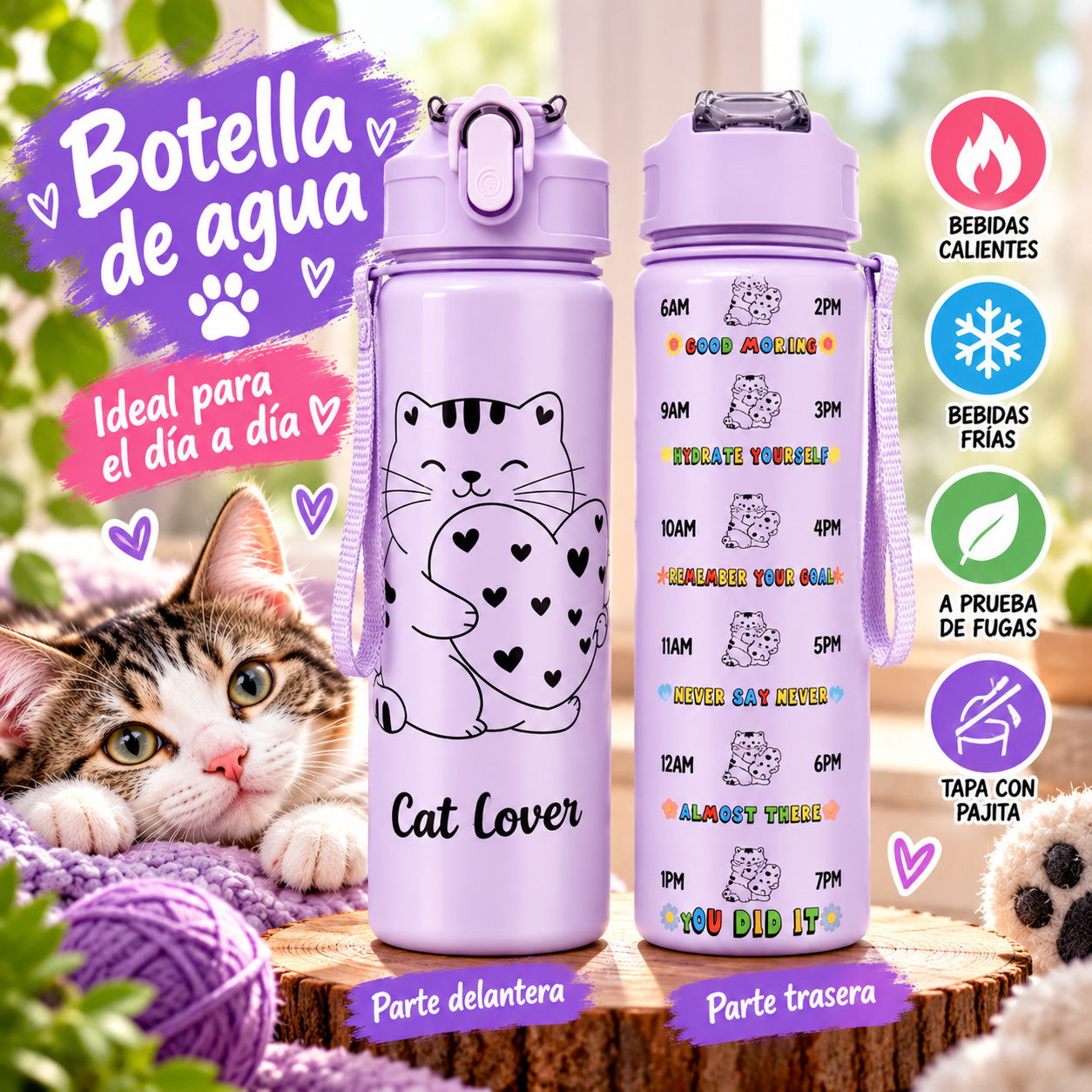 Botella de agua con gatos 740 ml – Cat Lover y Locura Gatuna - Imagen 2