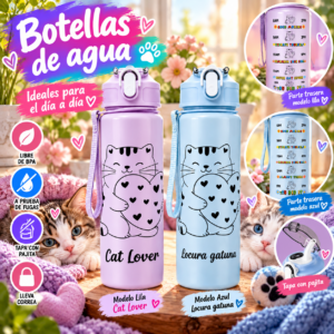 Botella de agua con gatos 740 ml – Cat Lover y Locura Gatuna