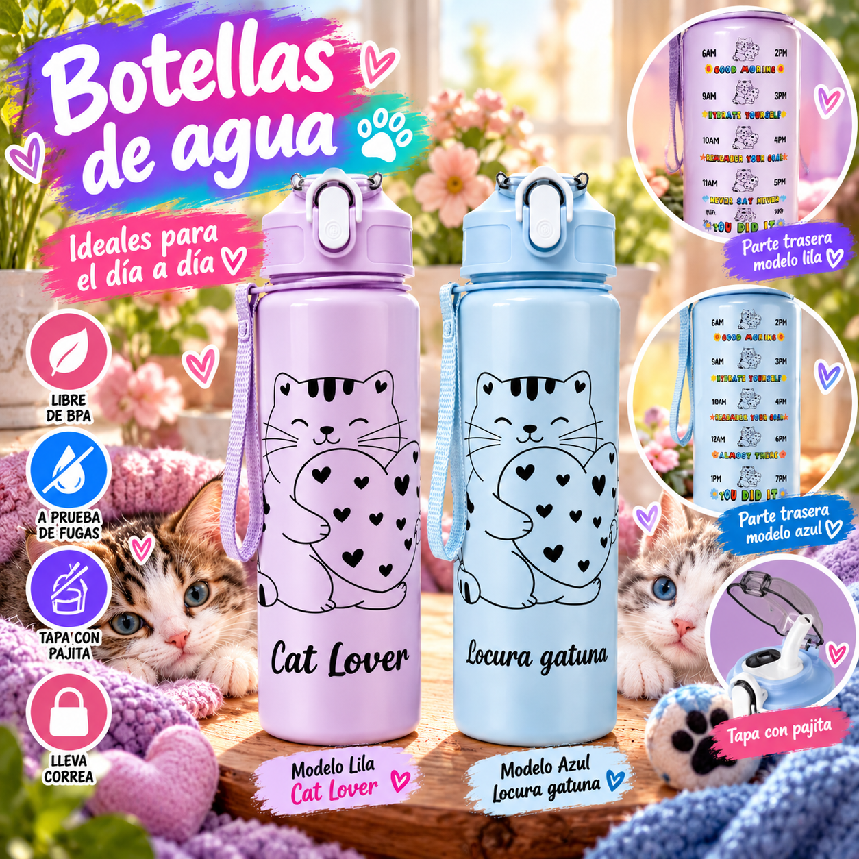 Botella de agua con gatos 740 ml – Cat Lover y Locura Gatuna