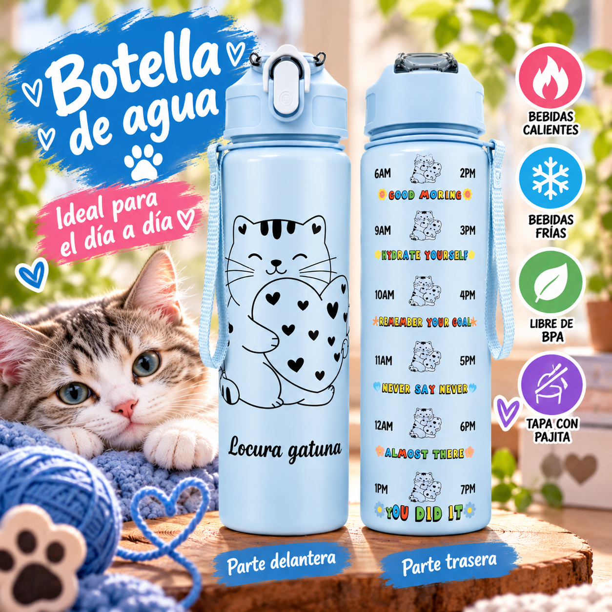 Botella de agua con gatos 740 ml – Cat Lover y Locura Gatuna - Imagen 3