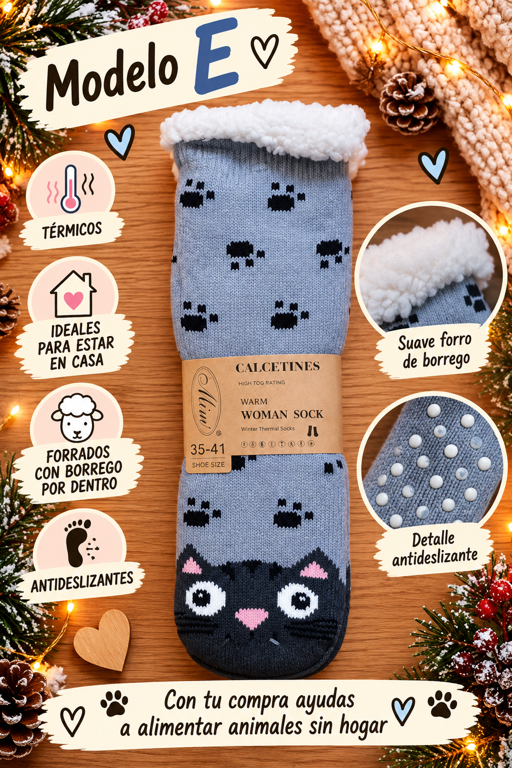 Calcetines térmicos antideslizantes con borreguito – Colección Animalitos - Imagen 2