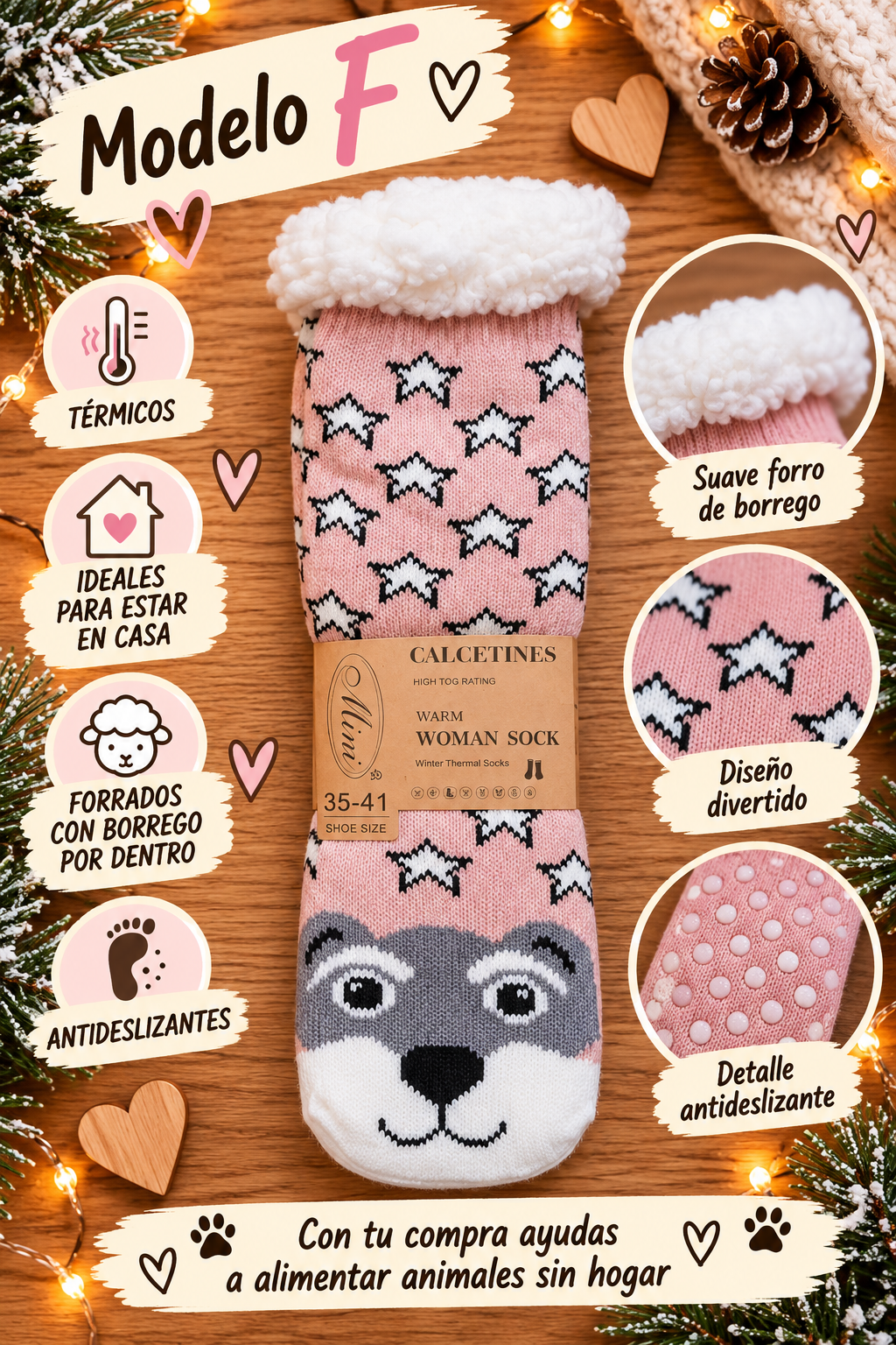 Calcetines térmicos antideslizantes con borreguito – Colección Animalitos - Imagen 3