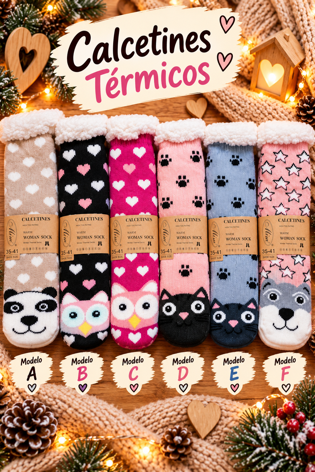 Calcetines térmicos antideslizantes con borreguito – Colección Animalitos