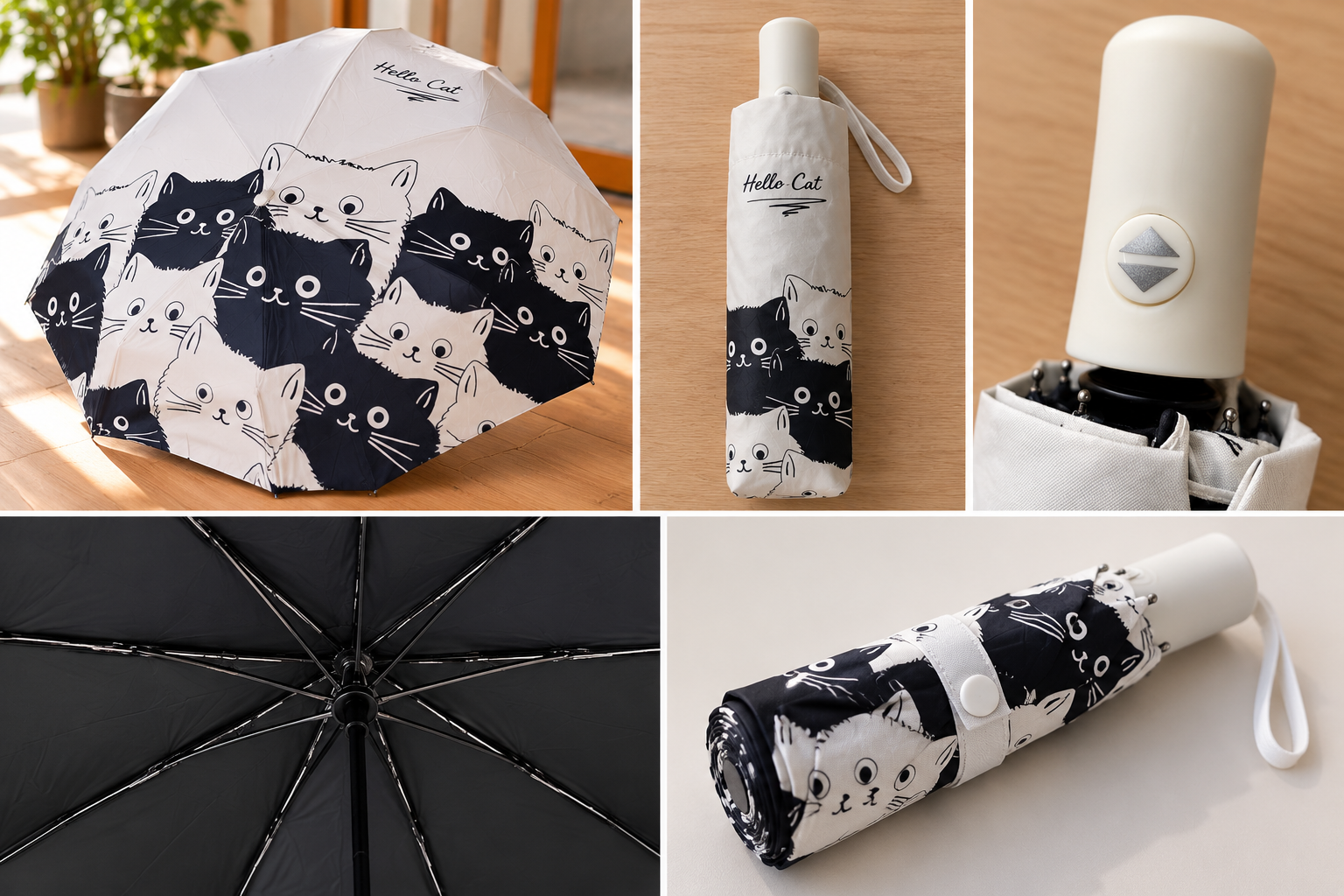 Paraguas Automático Hello Cat – Gatos Blanco y Negro - Imagen 3