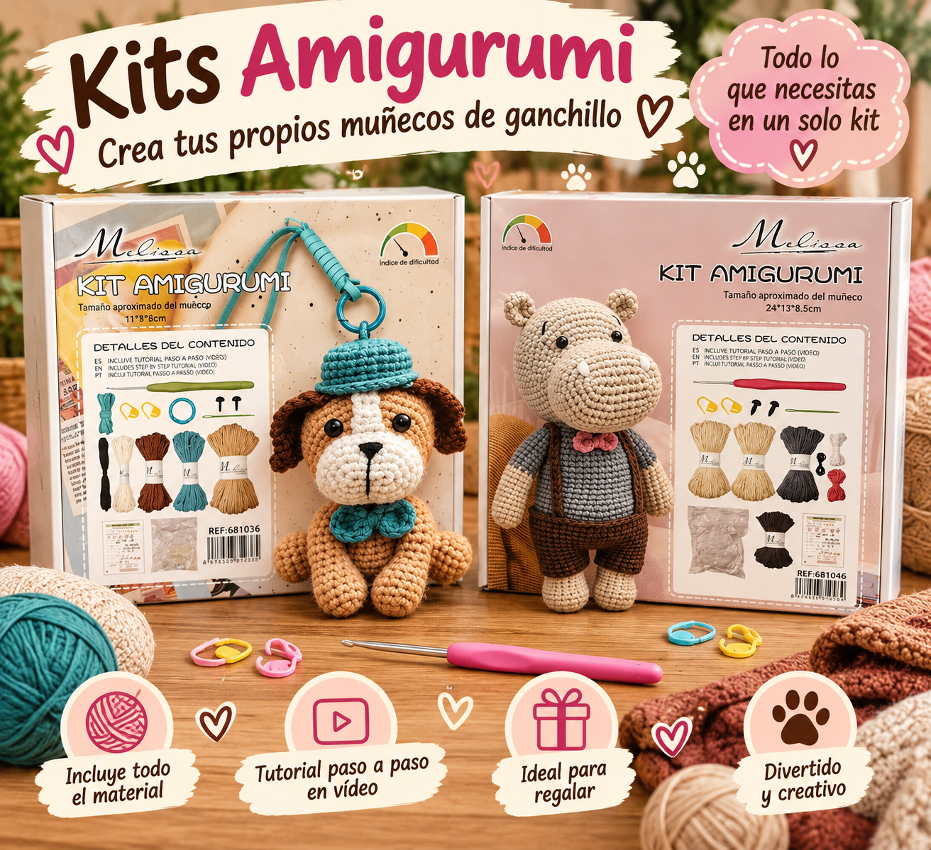 Kit de ganchillo Amigurumi para crear tu propio muñeco – Perrito o Hipopótamo