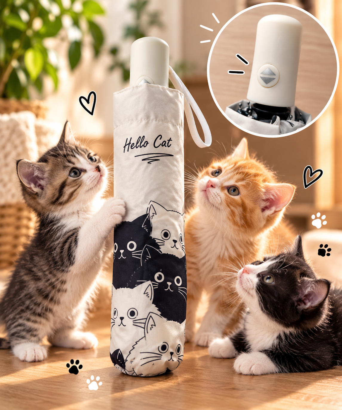 Paraguas Automático Hello Cat – Gatos Blanco y Negro - Imagen 2