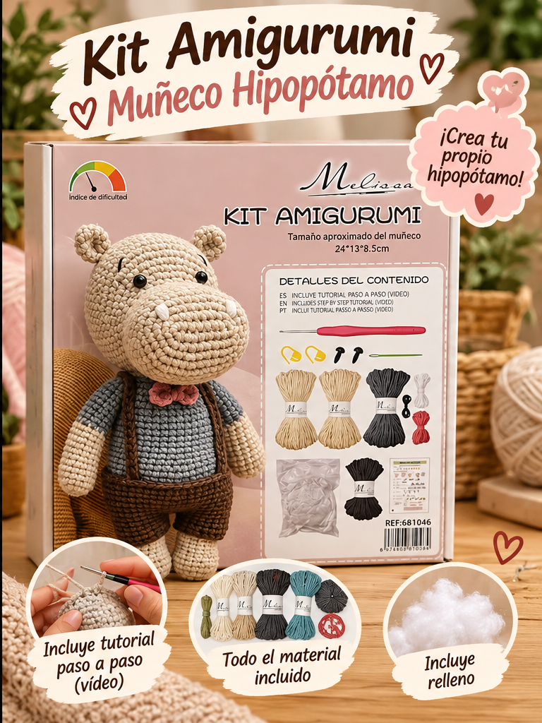 Kit de ganchillo Amigurumi para crear tu propio muñeco – Perrito o Hipopótamo - Imagen 4