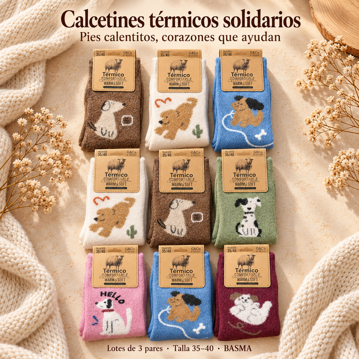 Calcetines térmicos solidarios de perritos · Pack de 3 pares